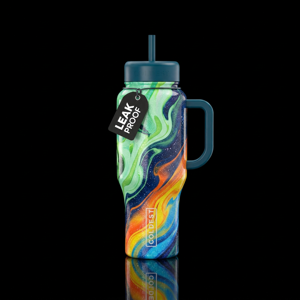 Shifting, flowing, mojito, vibrant, sparkly, shiny... water bottle design