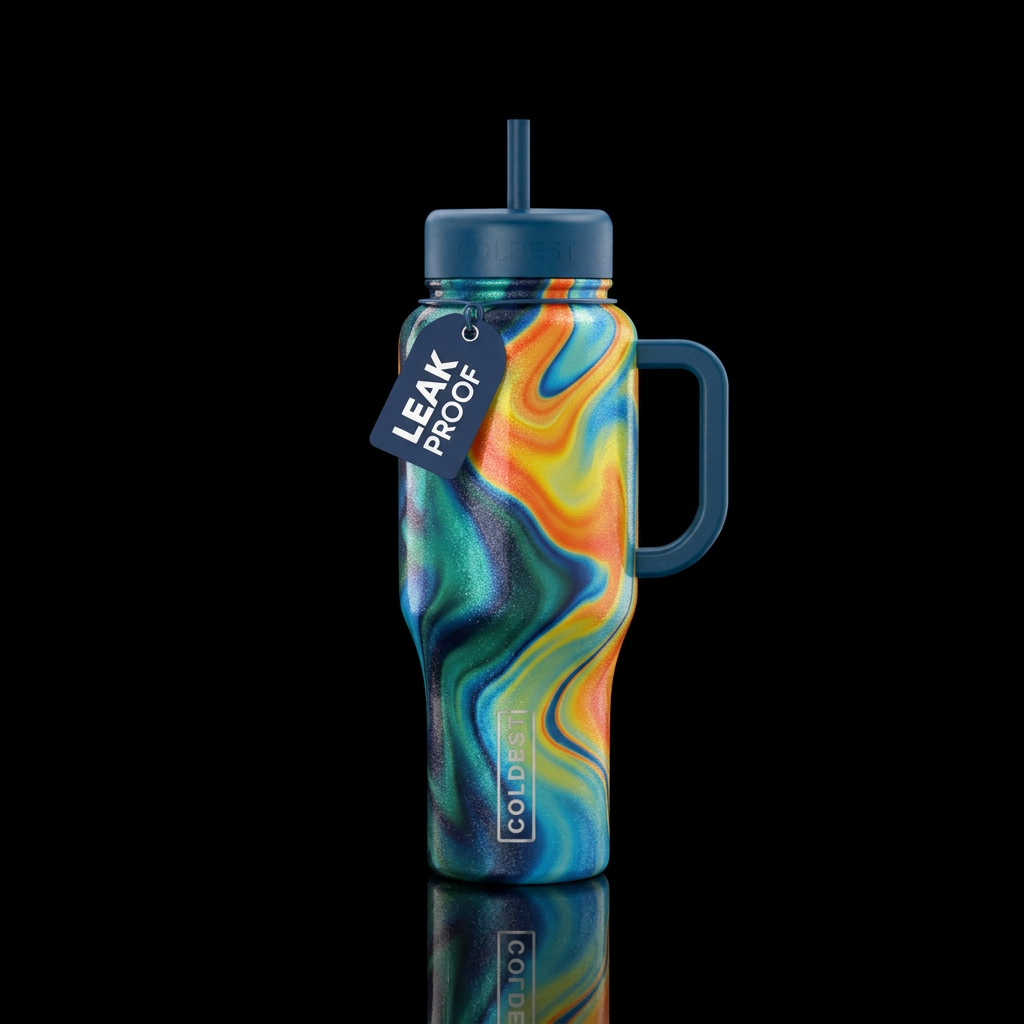 Shifting, flowing, mojito, vibrant, sparkly, shiny... water bottle design