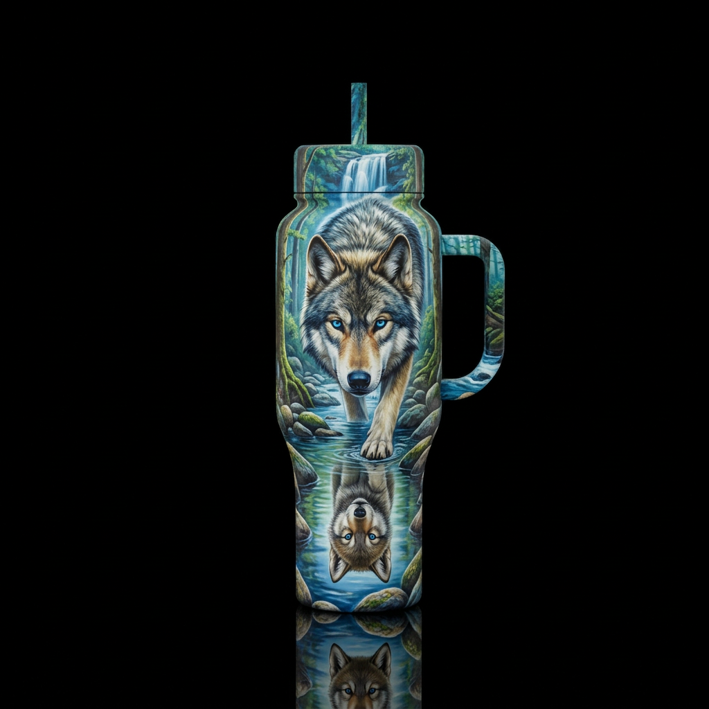 Wolf with beautiful blue mezmerizing eyes looking ... water bottle design