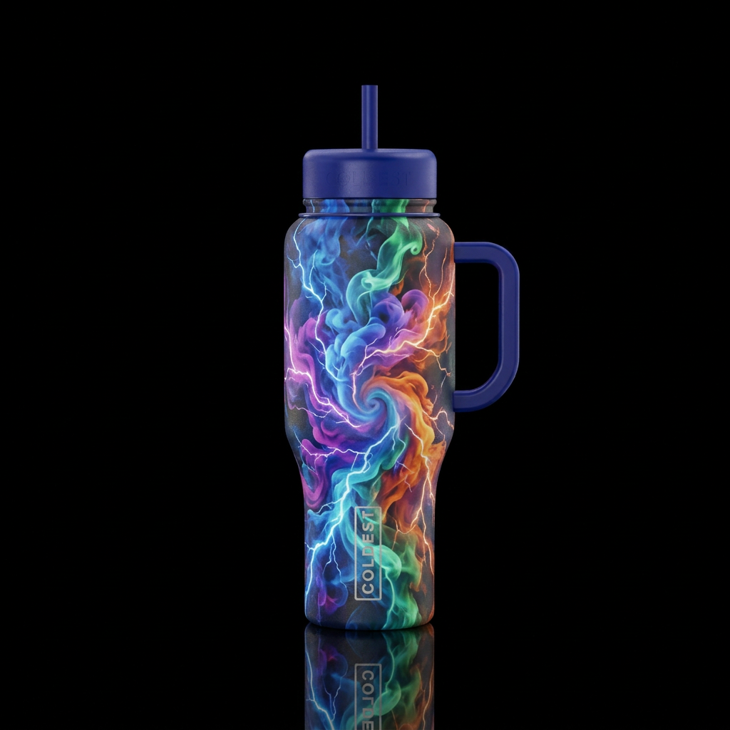 explosive, electric, smoke, vibrantwith colors on ... water bottle design