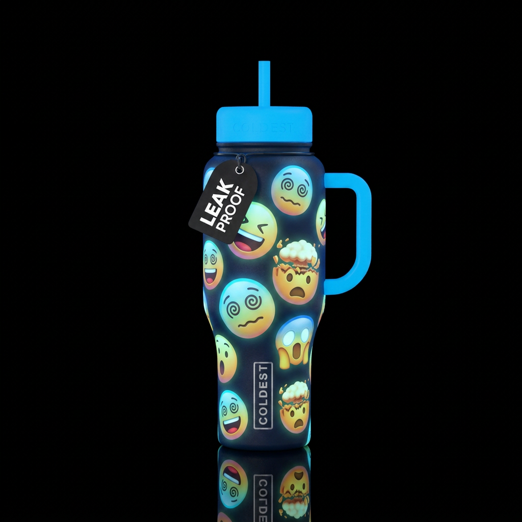 Crazy dizzy hilarious bouncing emojis and explodin... water bottle design