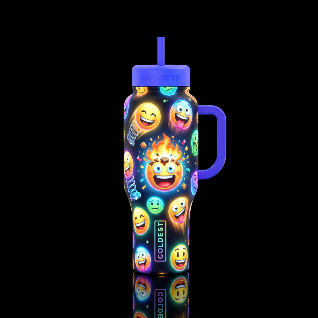 Crazy dizzy hilarious bouncing emojis and explodin... water bottle design
