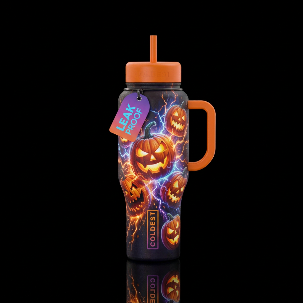 Exploding scary and hilarious pumpkin faces, reali... water bottle design