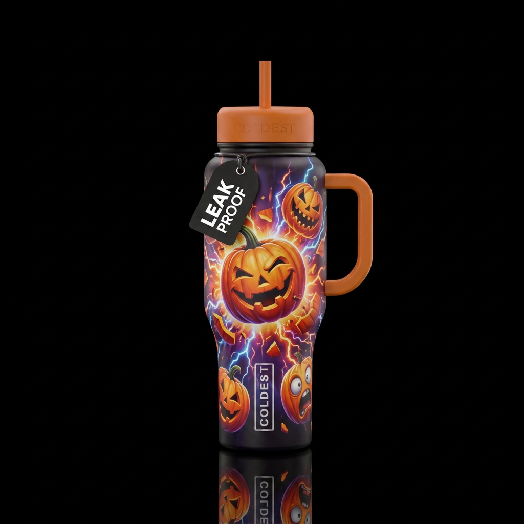 Exploding scary and hilarious pumpkin faces, reali... water bottle design