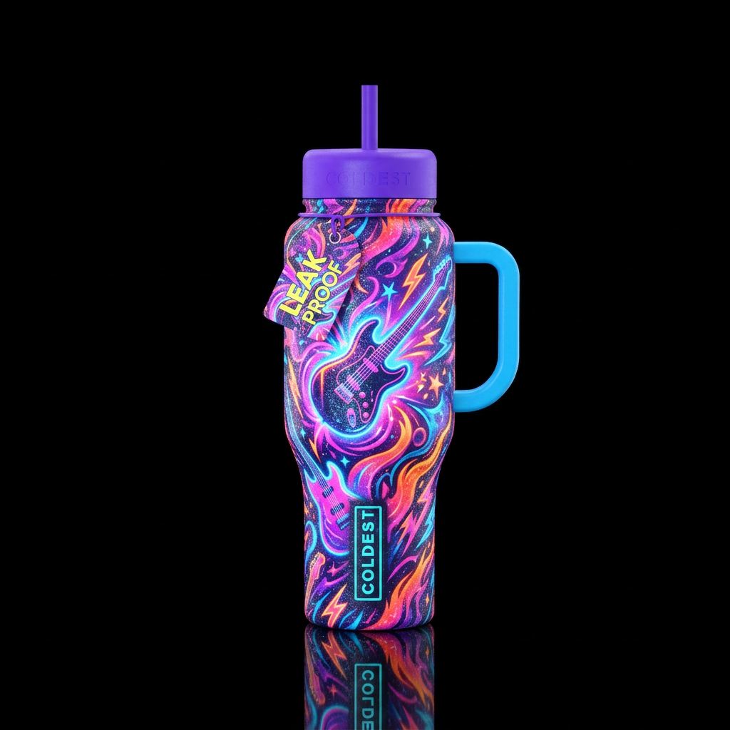 Retro 80's, sparkly, shiny, vibrant, realism, seam... water bottle design