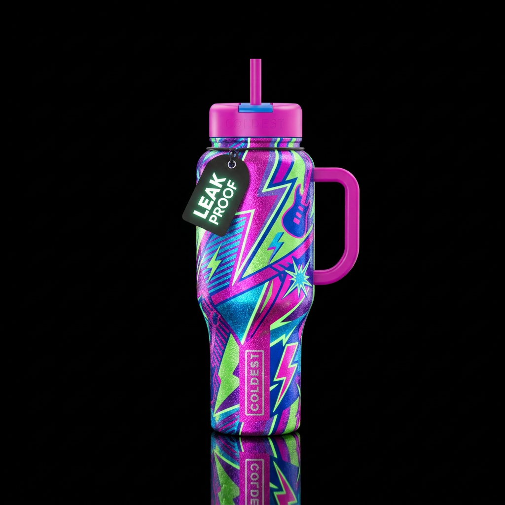 Retro 80's, sparkly, shiny, vibrant, realism, seam... water bottle design