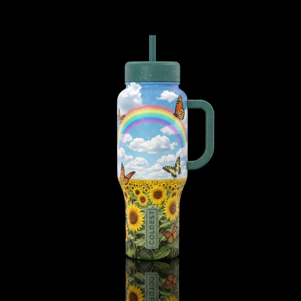 3D rainbow in a sunflower field with white puffy c... water bottle design