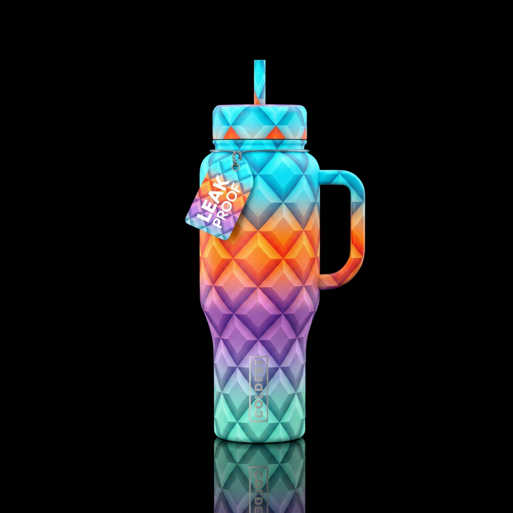 3D diamond shapes, aquamarine fading into amethyst... water bottle design