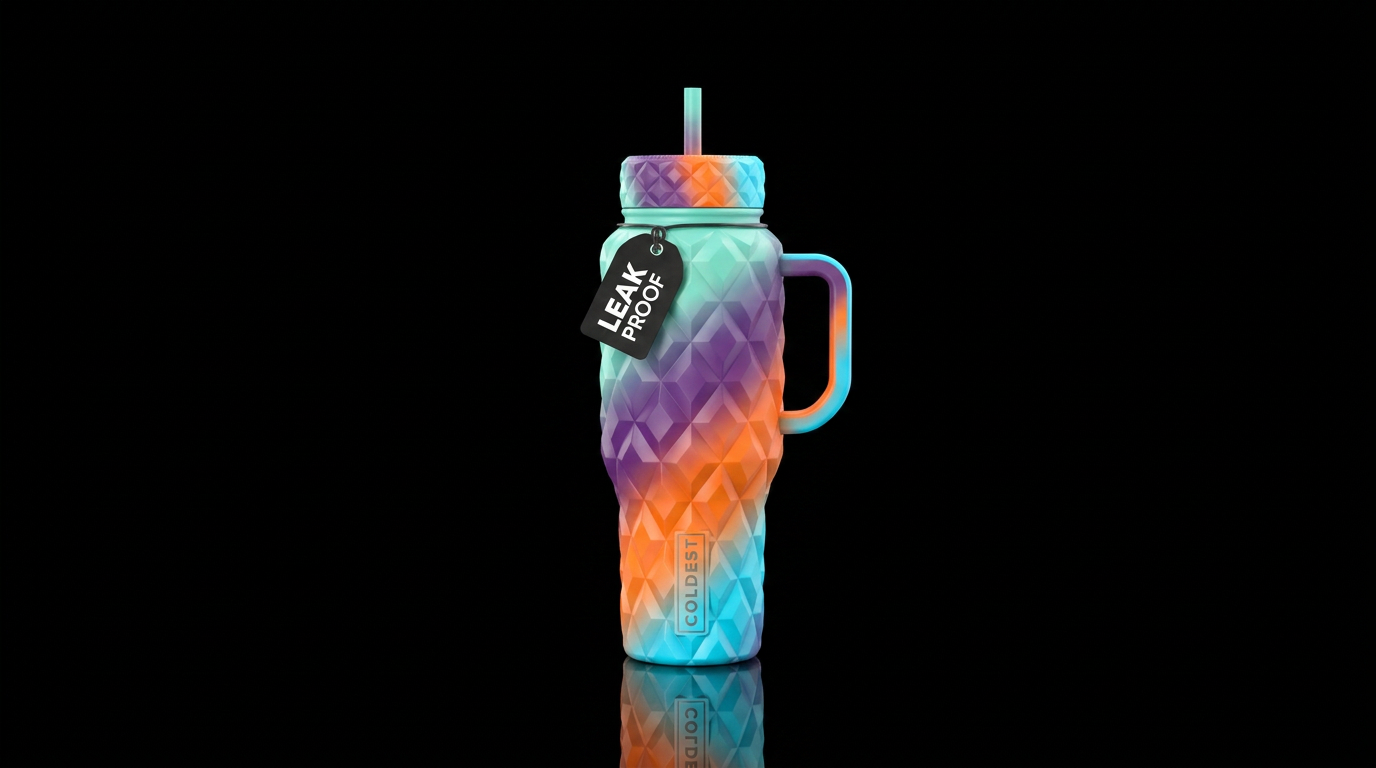 3D diamond shapes, aquamarine fading into amethyst... water bottle design