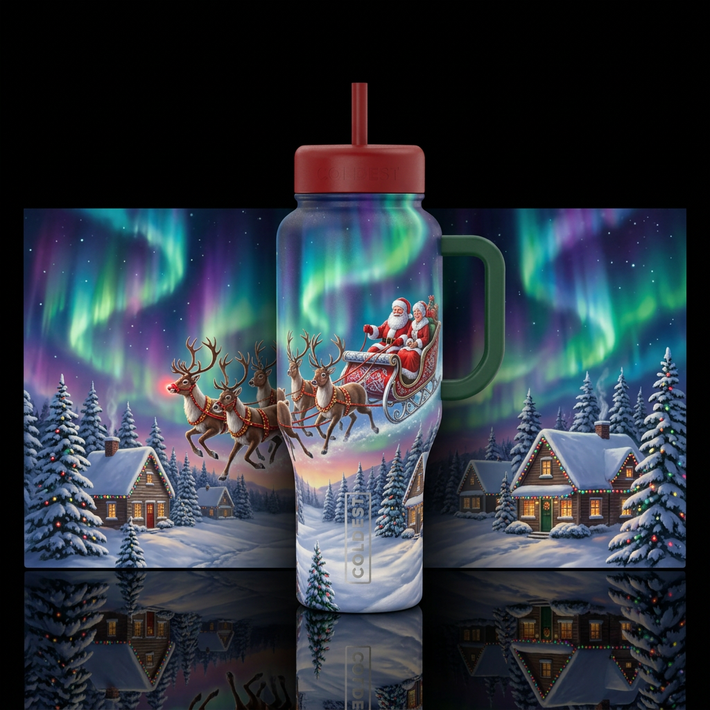 Christmas wintry aurora lights with Santa and Mrs ... water bottle design
