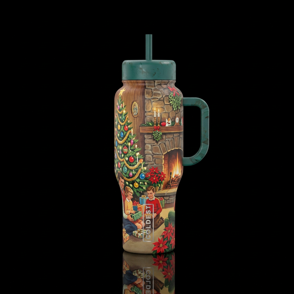Show the inside of a house decorated for Christmas... water bottle design
