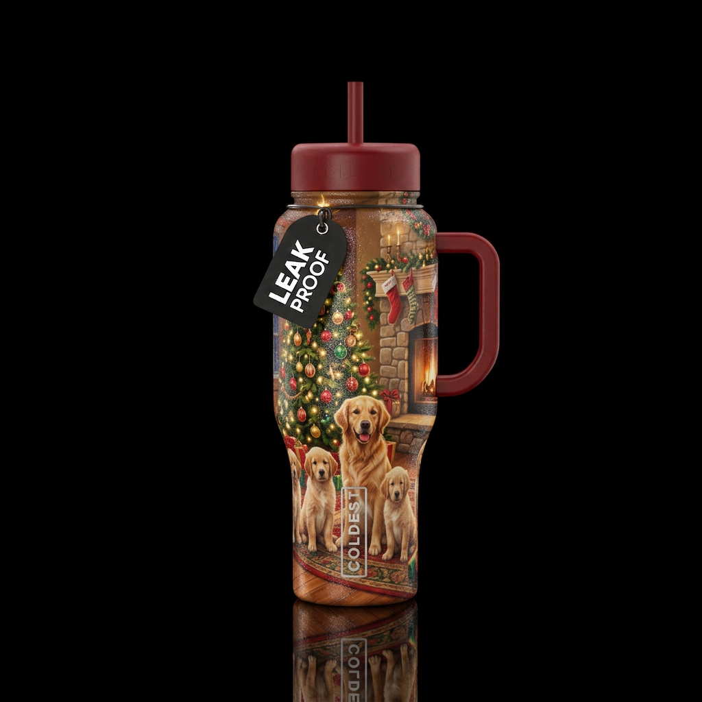 Christmas inside a house with realistic puppies an... water bottle design
