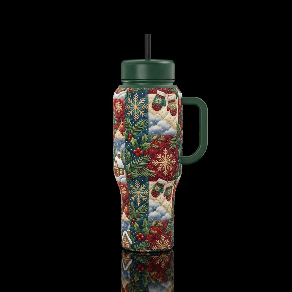 Hand quilted wintry/christmasy quilt, realism, bea... water bottle design