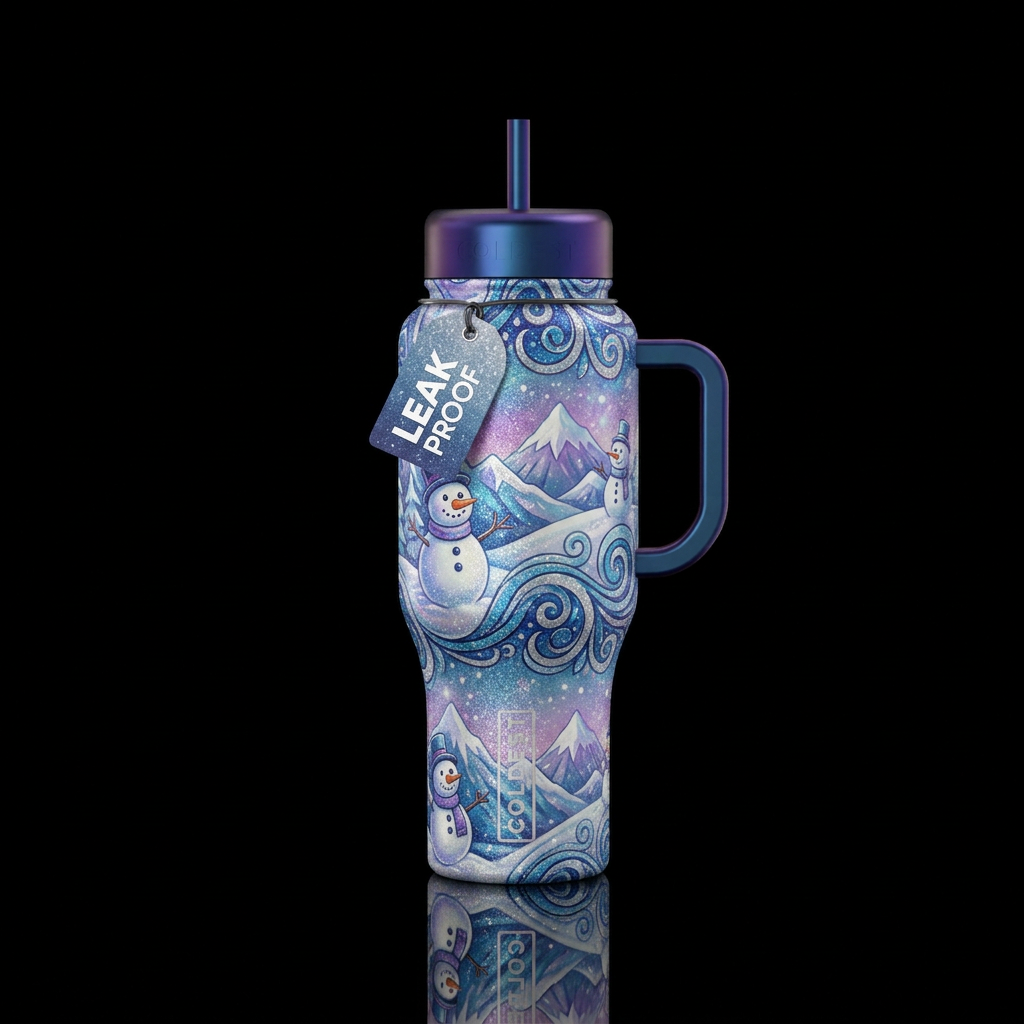 Captivating vibrant sparkly magical wintery snowma... water bottle design