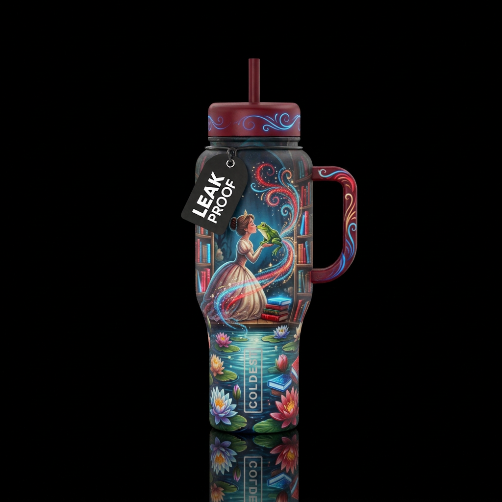 Magical library in a beautiful lotus pond with vib... water bottle design