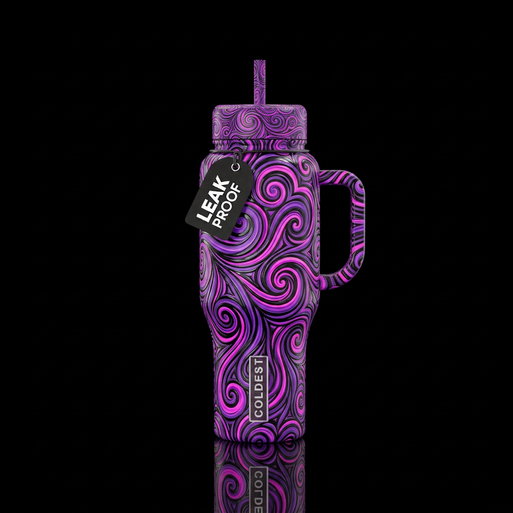 magical, ancient, fantasy with vibrant purple swir... water bottle design