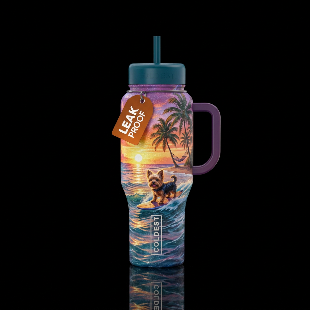 sunset ocean with palm trees and hammocks, yorkie ... water bottle design