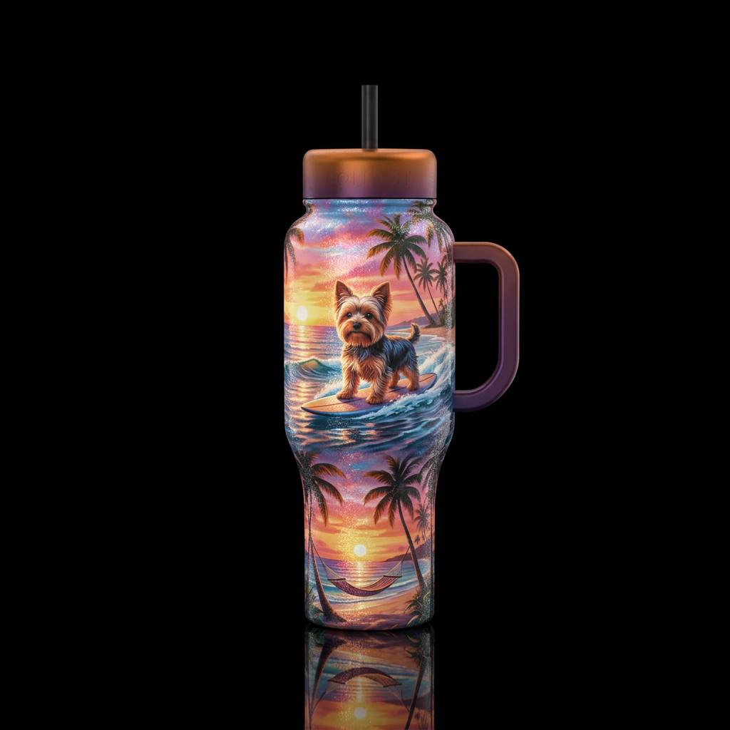 sunset ocean with palm trees and hammocks, yorkie ... water bottle design