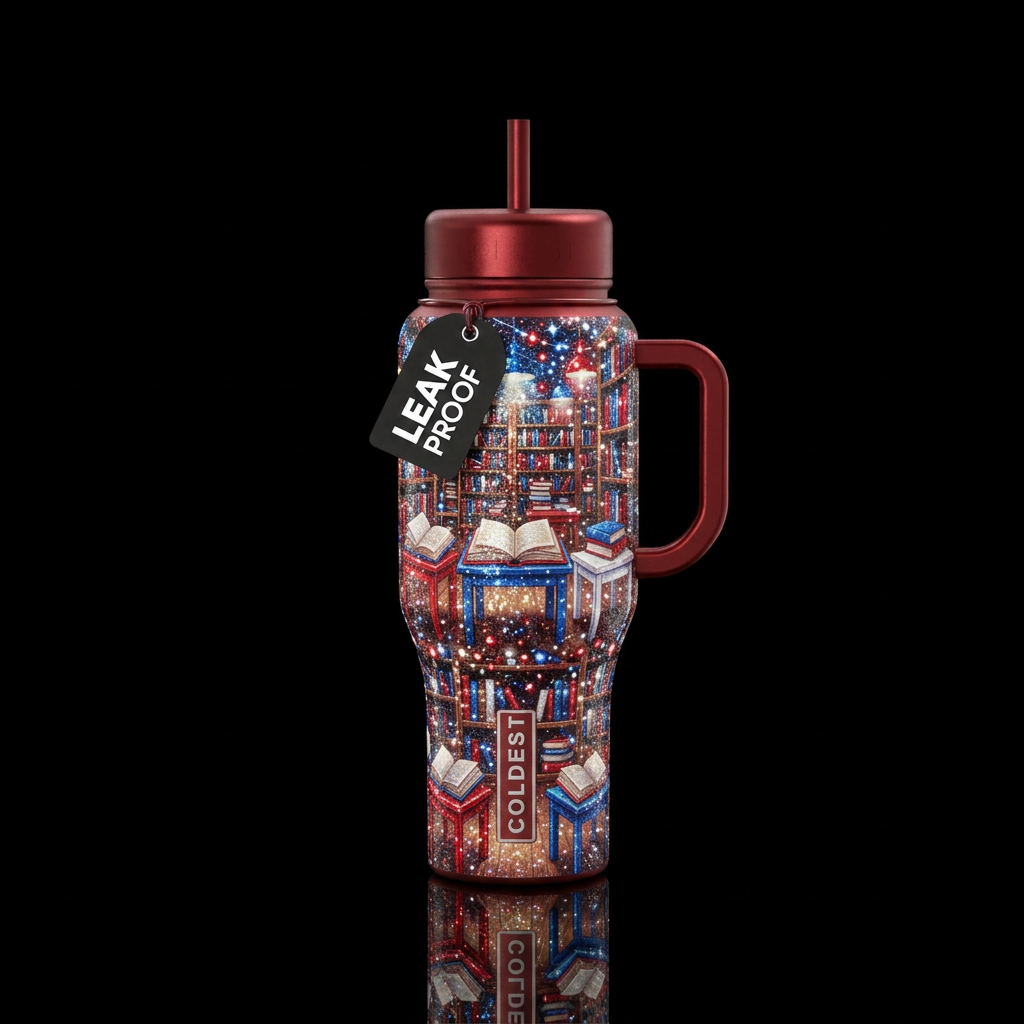 Patriotic themed library with open books on red wh... water bottle design
