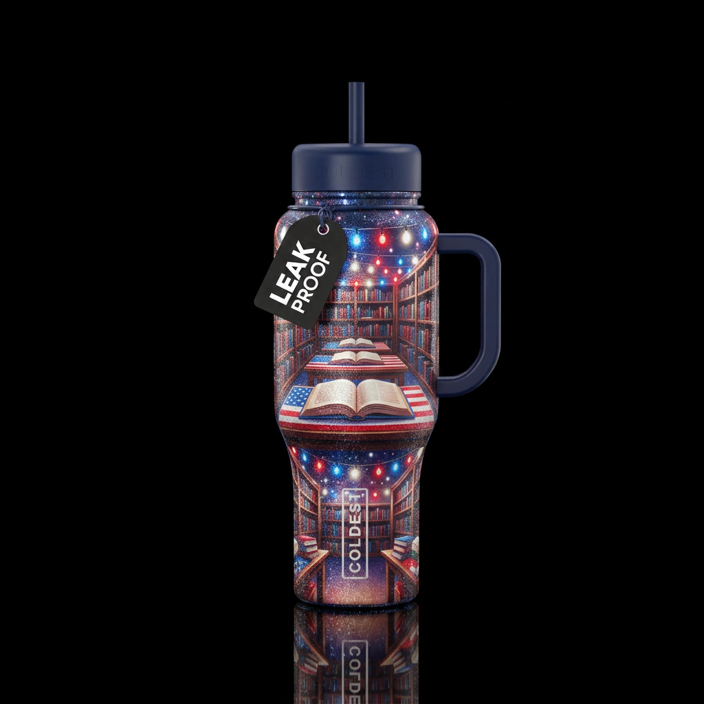 Patriotic themed library with open books on red wh... water bottle design
