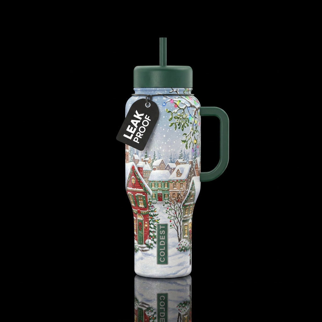 Winter wonder land snowing in a small town decorat... water bottle design