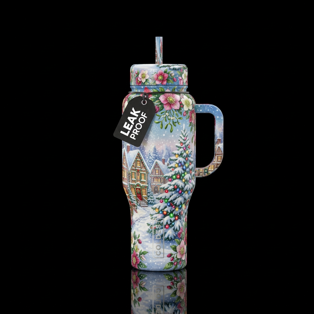 Winter wonder land snowing in a small town decorat... water bottle design