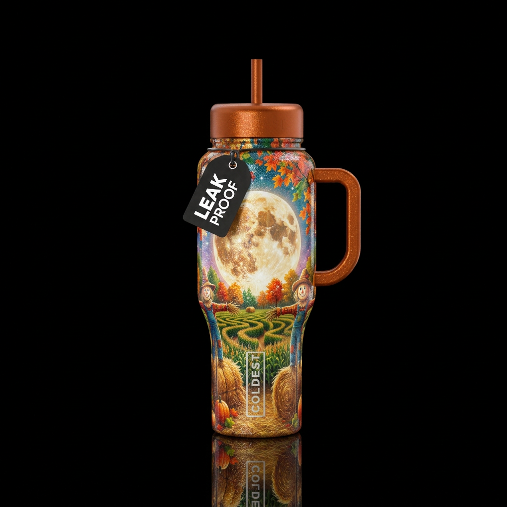 Harvest moon with funny scare crows hay bales corn... water bottle design