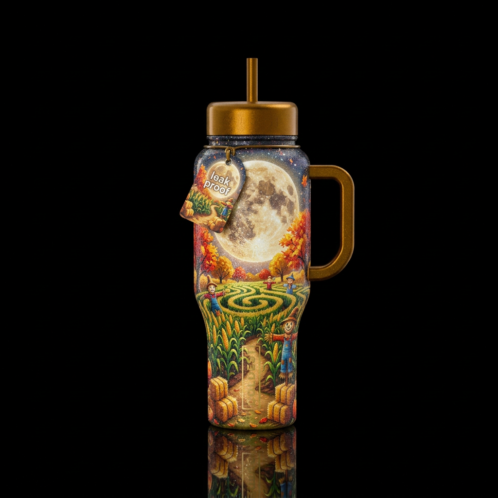 Harvest moon with funny scare crows hay bales corn... water bottle design