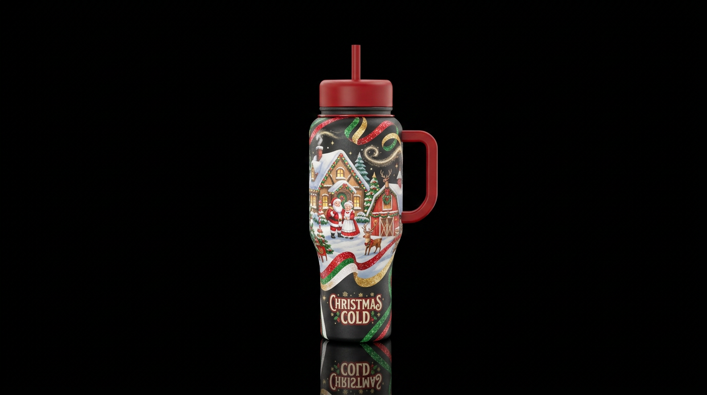 North pole decorated for Christmas and Santa and M... water bottle design