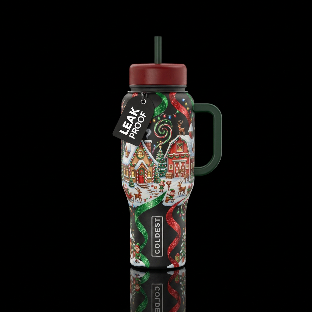 North pole decorated for Christmas and Santa and M... water bottle design