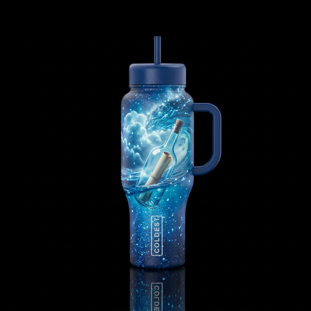 Message in a coldest bottle in the ocean, sparkly,... water bottle design
