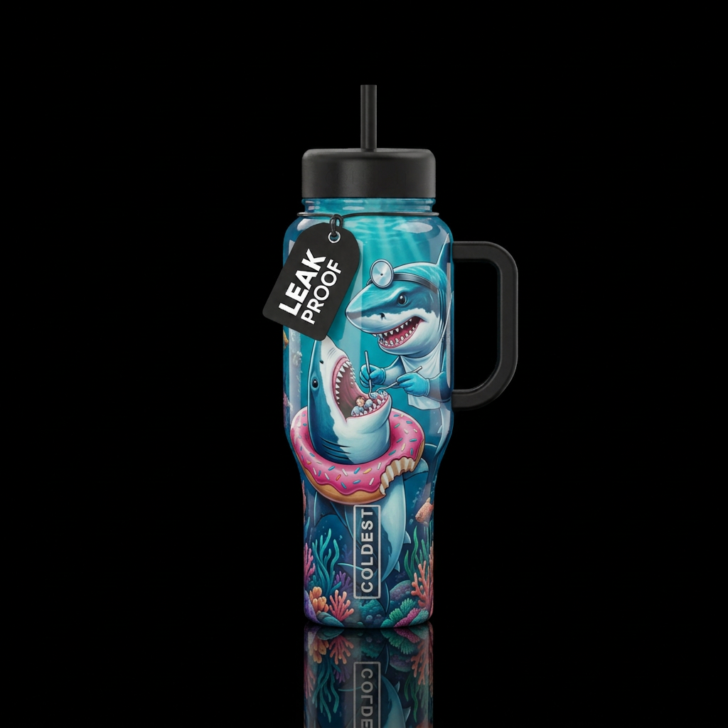 Shark dentist for the shark who ate the innertube ... water bottle design