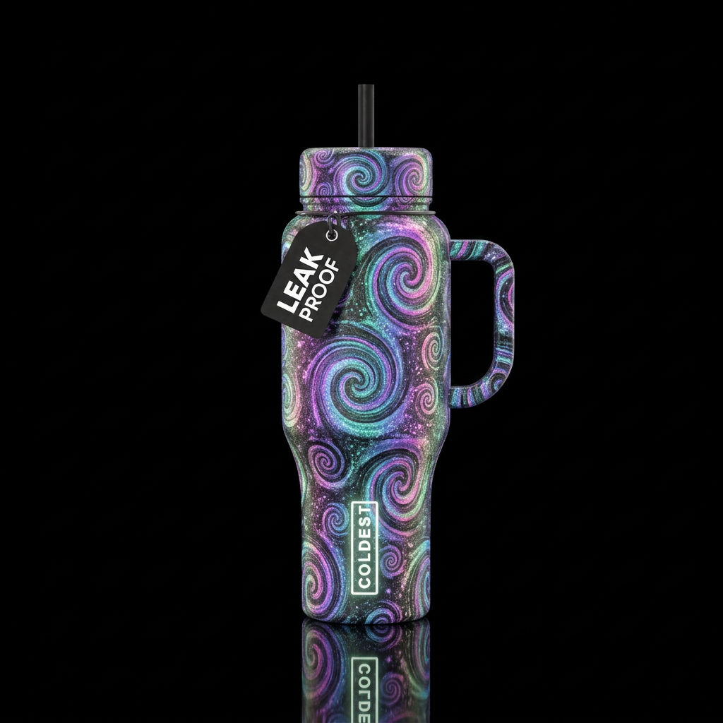 Multi chrome glow in the dark with vibrant spirals... water bottle design