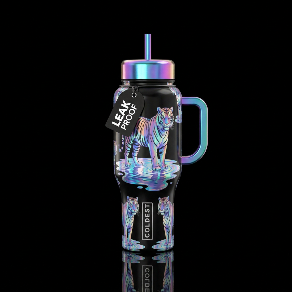 Vibrant shiny Holographic bengal tigers standing i... water bottle design