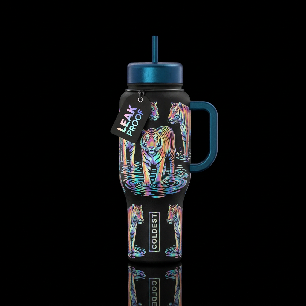 Vibrant shiny Holographic bengal tigers standing i... water bottle design