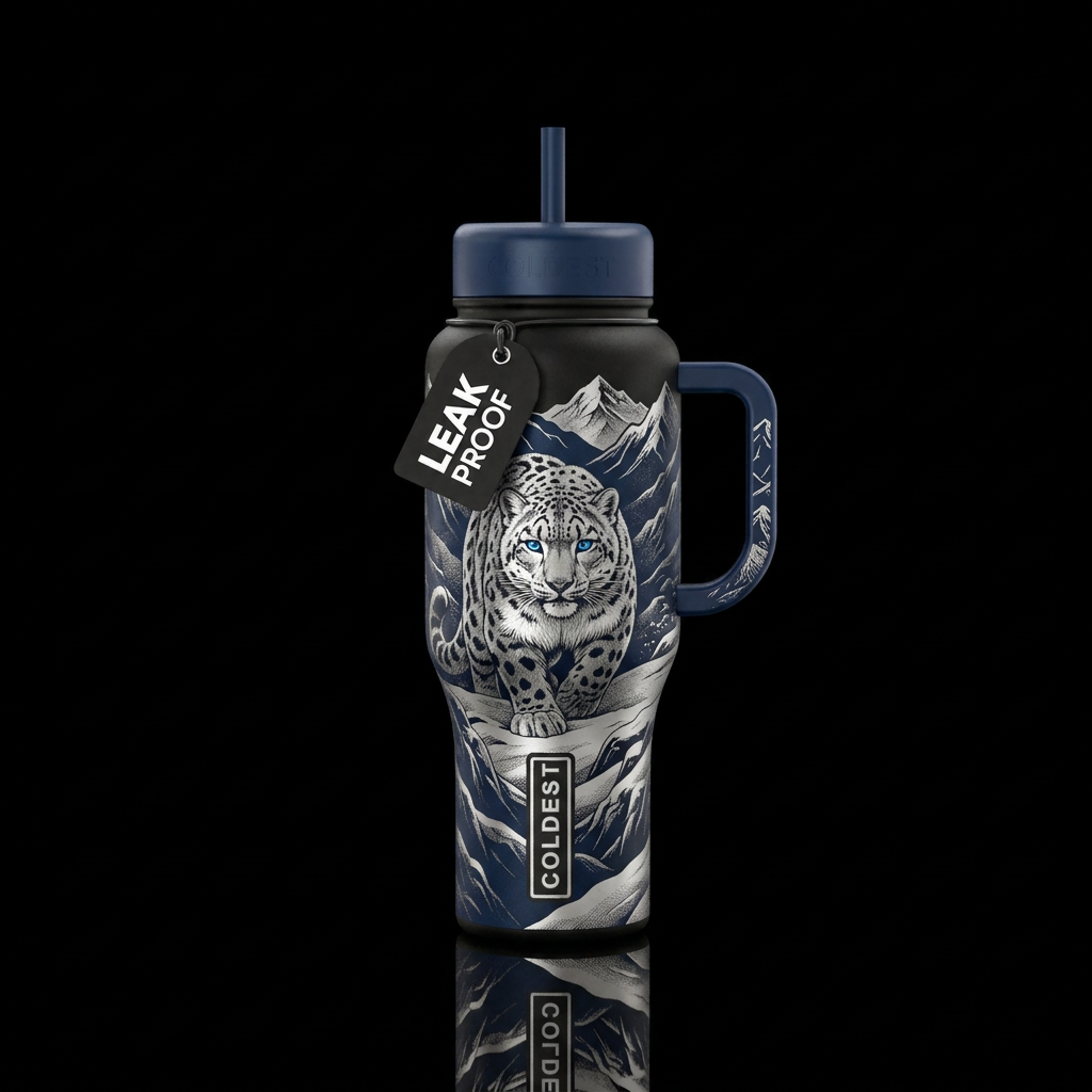 Etched black and silver Snow leopard with electric... water bottle design