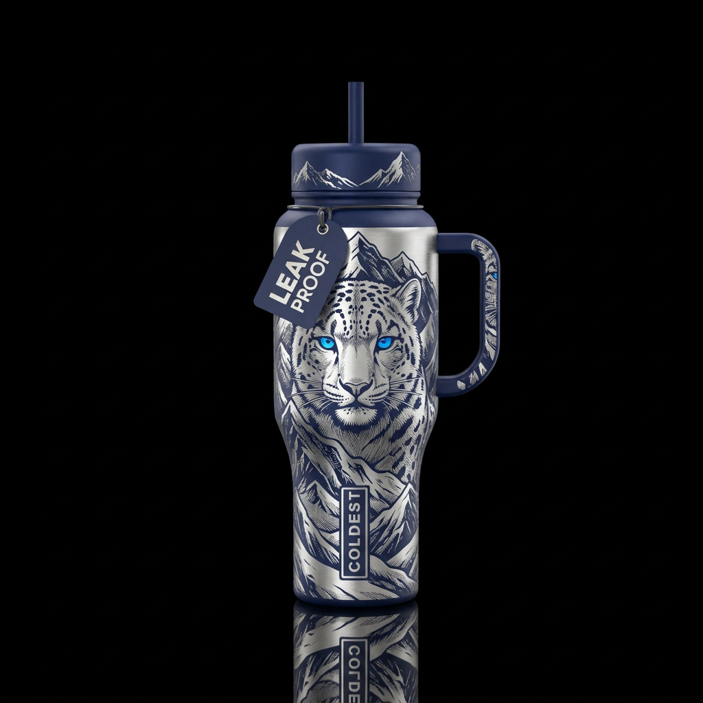 Etched black and silver Snow leopard with electric... water bottle design