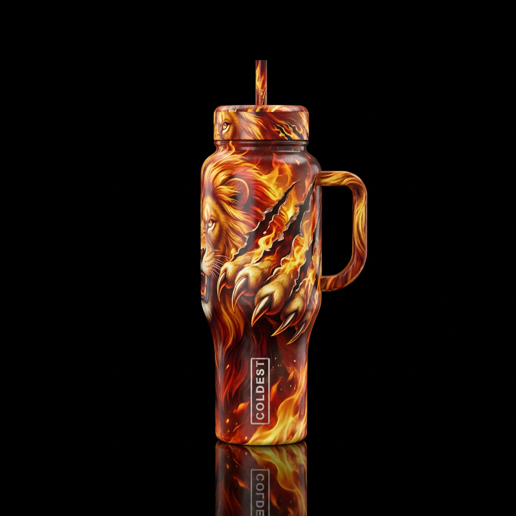 Fiery lion clawing through bottle vibrant, realism... water bottle design