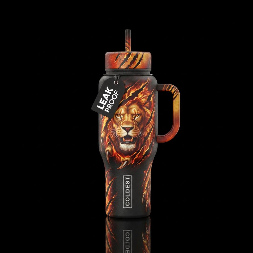 Fiery lion clawing through bottle vibrant, realism... water bottle design