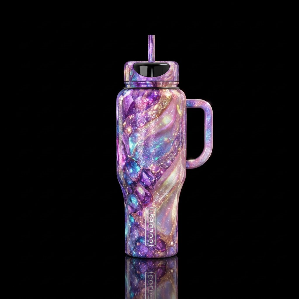 sparkly, glowie, realism, shiny, vibrant, seamless... water bottle design