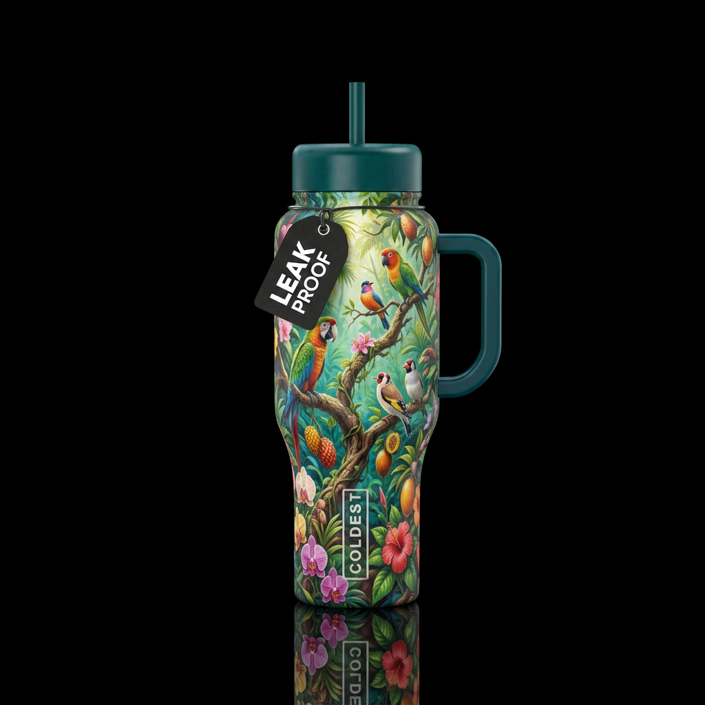 Love birds in tropical trees in a tropical paradis... water bottle design