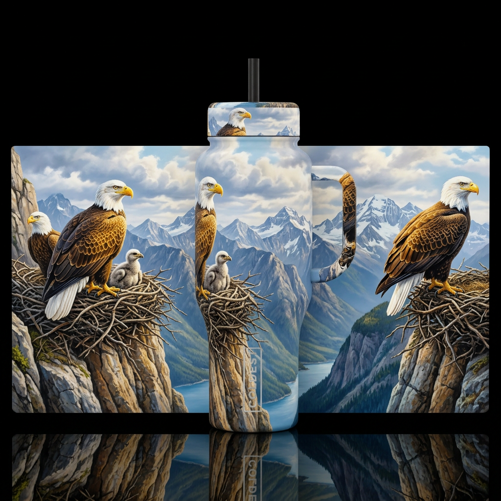 Bald eagles in nest mountains clouds, realism, sea... water bottle design