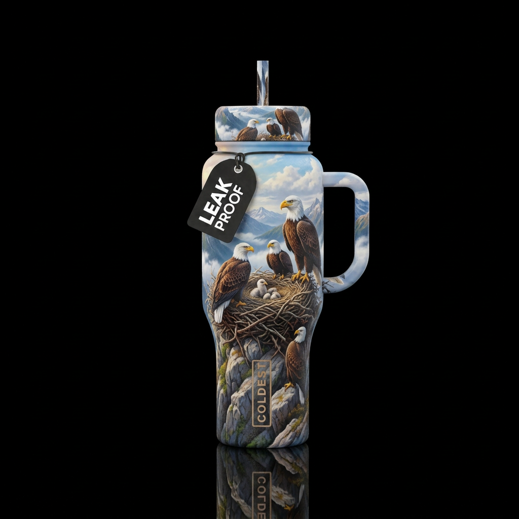 Bald eagles in nest mountains clouds, realism, sea... water bottle design