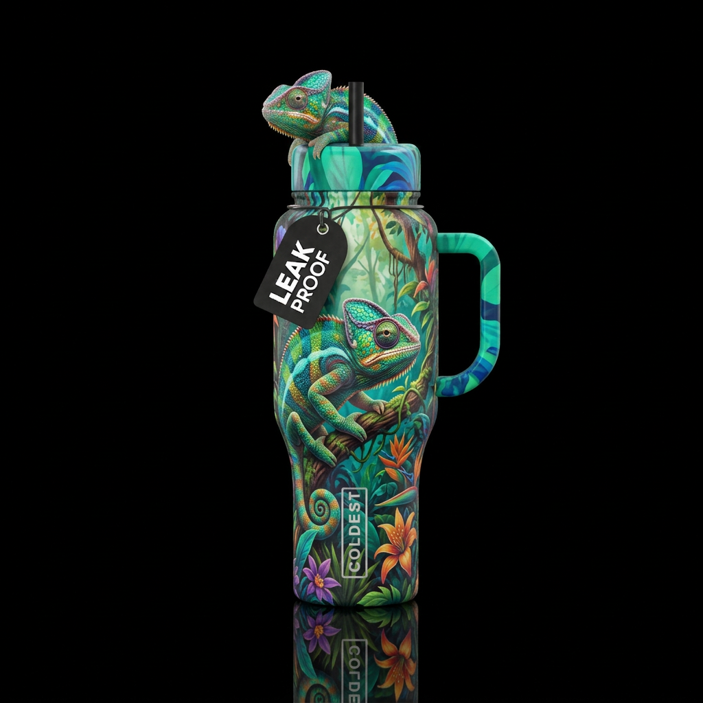 chameleon hiding on a colorful trees in jungle , v... water bottle design