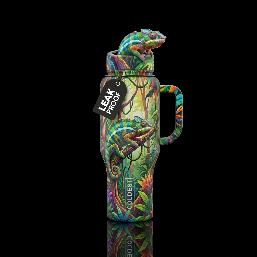chameleon hiding on a colorful trees in jungle , v... water bottle design
