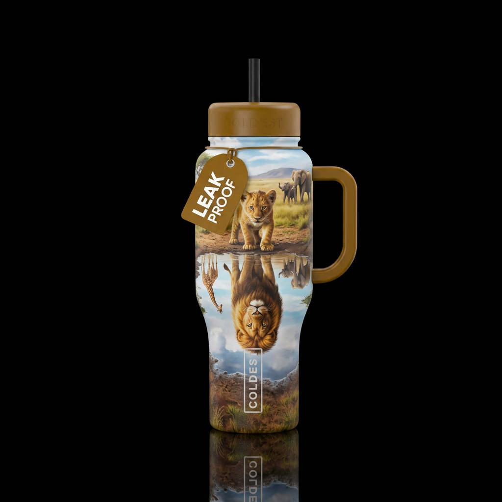 Lion cub in Africa looking in a puddle of water an... water bottle design