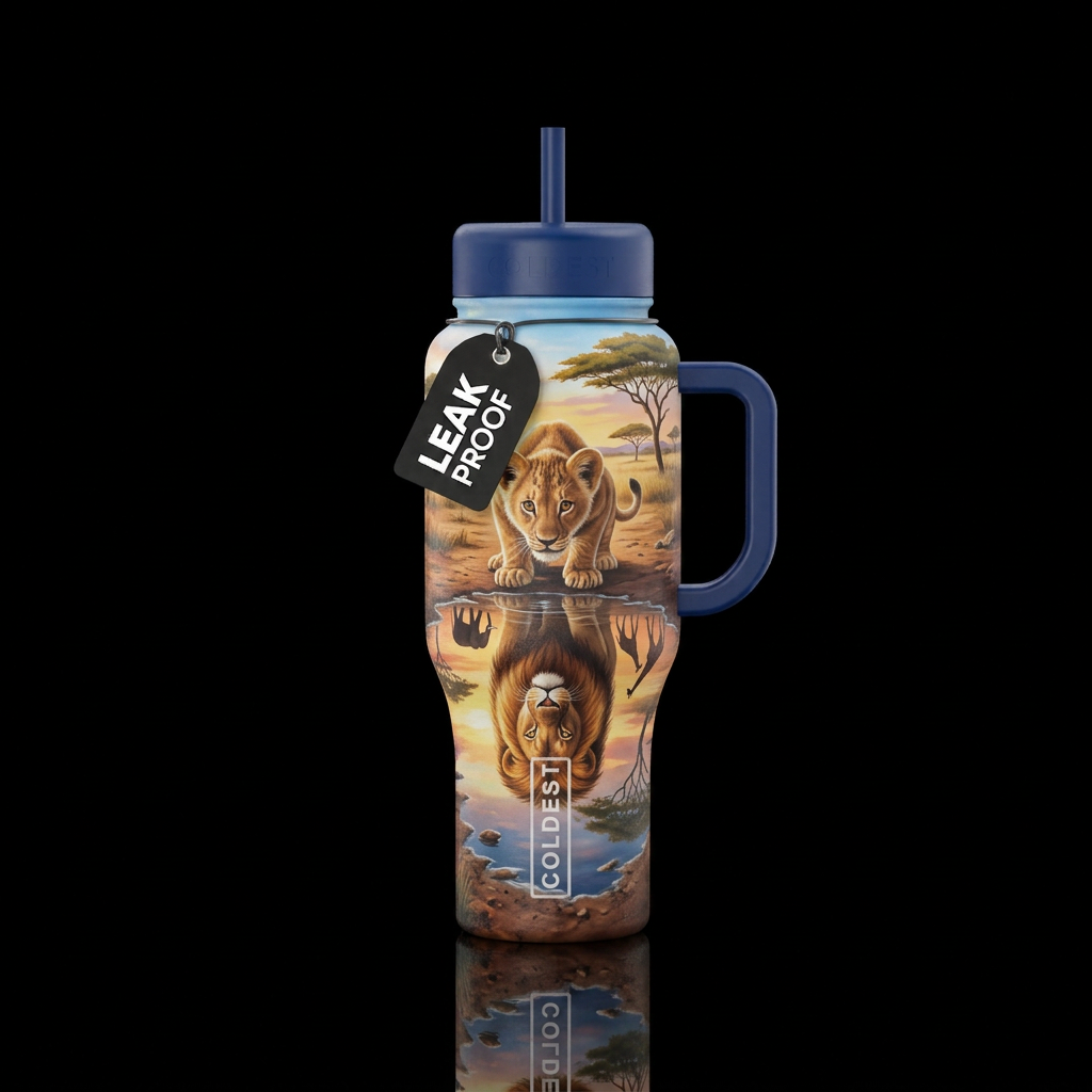 Lion cub in Africa looking in a puddle of water an... water bottle design