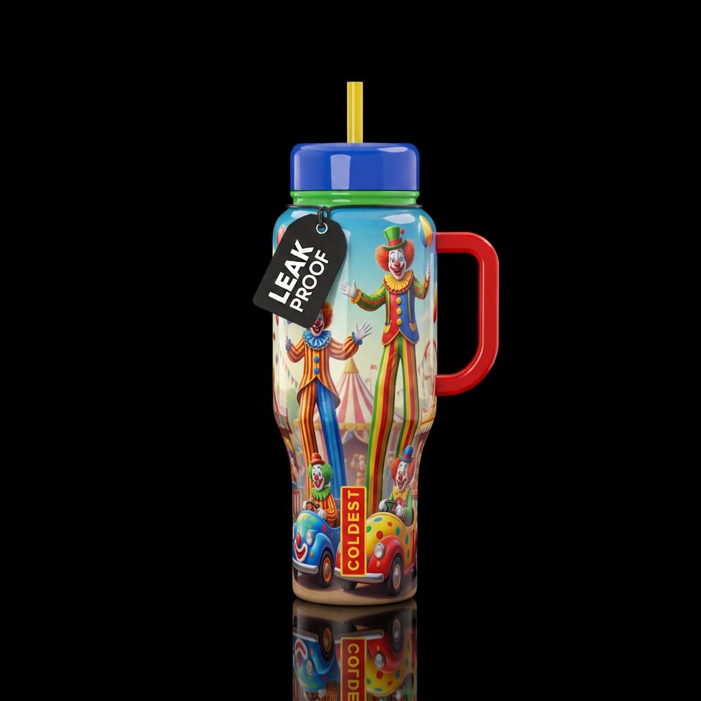 Carnival clowns on stilts and clowns in clown cars... water bottle design