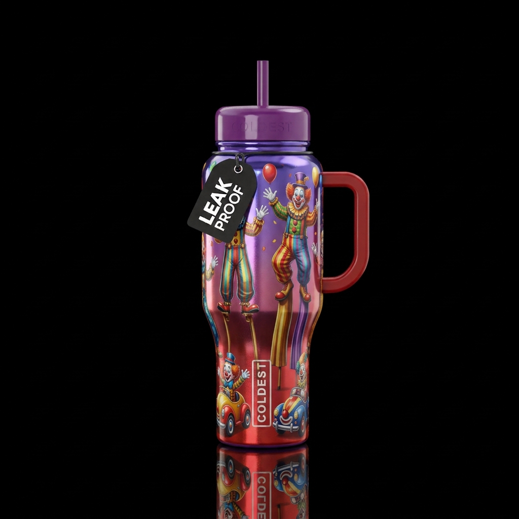 Carnival clowns on stilts and clowns in clown cars... water bottle design