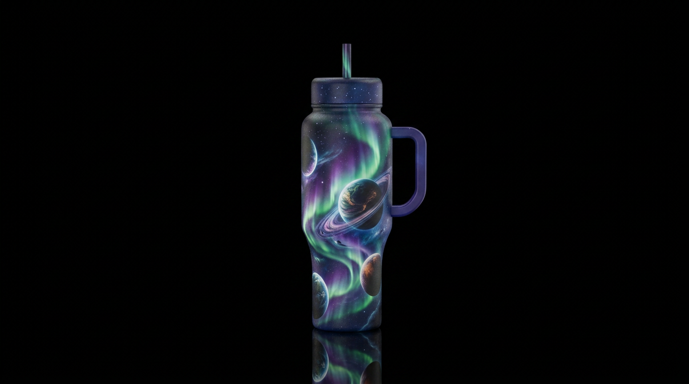 Aurora lights in outer space wraped around planets... water bottle design